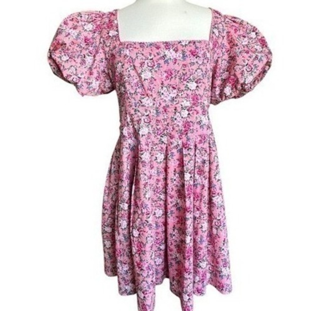 Mable Mini Dress Pink Puff Sleeve Square Neck Cottagecore‎ Coquette Barbiecore